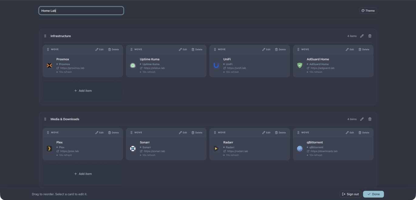 Labitat dashboard editor with draggable groups and service cards